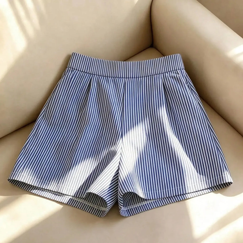 Women's Spaghetti Strap V Neck Tie Waist Top & High Waist Wide-Leg Shorts 2 Piece Set, Blue & White Striped Print Matching Outfit, Casual Co-ord Set for Beach, Vacation, Date Night & Daily Wear, Trendy Aesthetic Summer Wear Lightweight Ladies Clothes