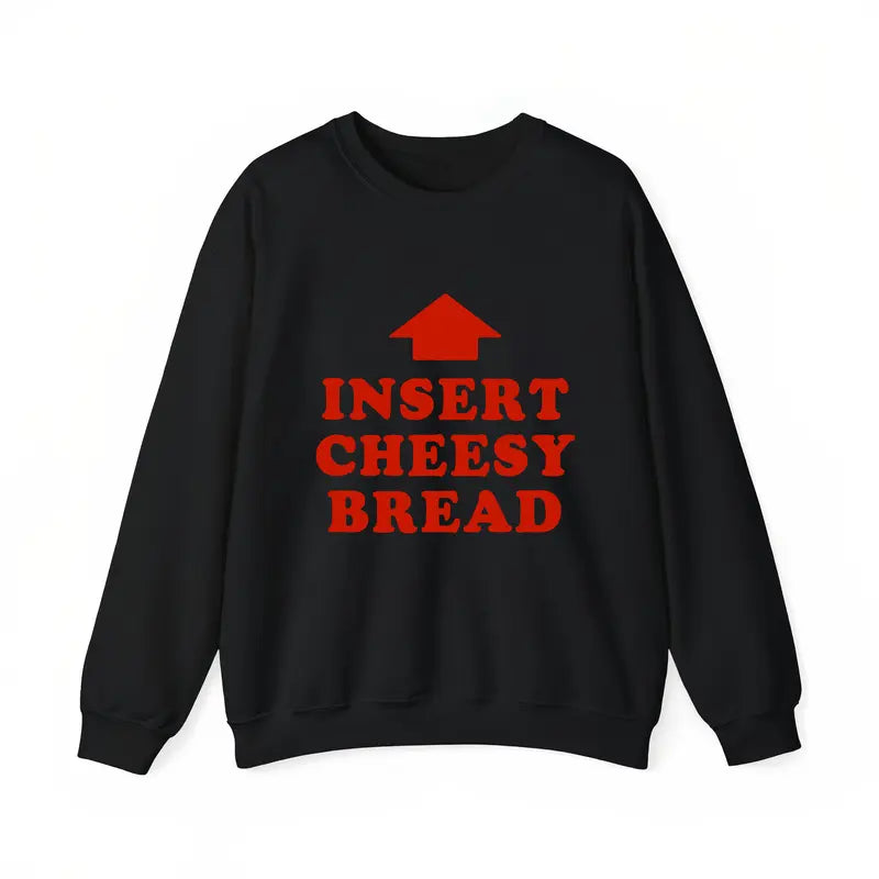 Men's Casual Classic Cotton T-Shirt, Menswear Clothes with Red "INSERT CHEESY BREAD" Lettering and Red Arrow Design