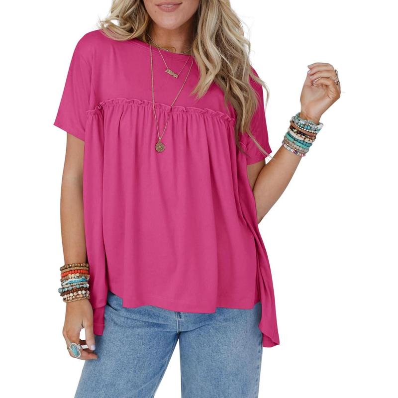 Imily Bela Womens Summer Babydoll Tunic Tops Pleated Short Sleeve Crew Neck Peplum T Shirts Casual Loose Fit Outfits Womenswear Blouse church outfit Breathable Chic
