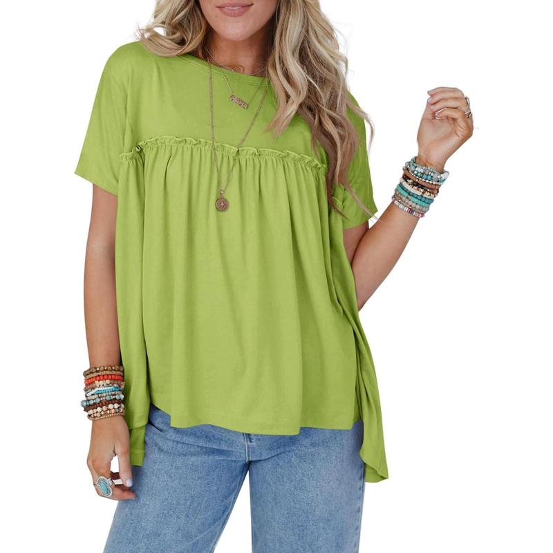 Imily Bela Womens Summer Babydoll Tunic Tops Pleated Short Sleeve Crew Neck Peplum T Shirts Casual Loose Fit Outfits Womenswear Blouse church outfit Breathable Chic