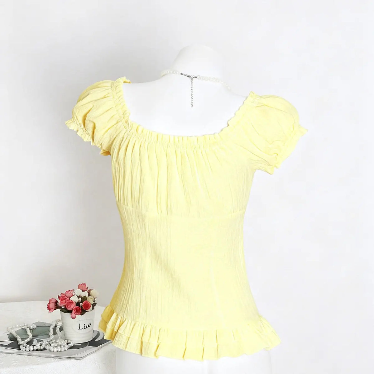 Women's Square Neck Puff Sleeve Button Front Blouse, Ruched Detail Ruffle Hem Slim Fit, Elegant Casual Daily Work Wear