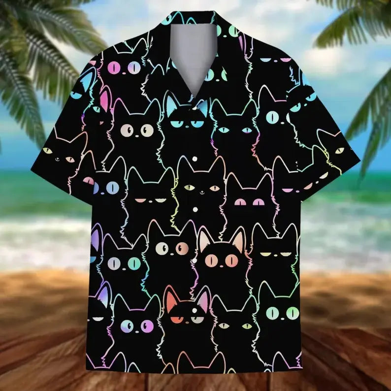 Men's Unisex Holographic Neon Outline Black Cat Print Hawaiian Shirt - Black Base, Short Sleeve Camp Collar, Soft Fabric, Relaxed Cut, Button Closure, Crew Neck, Flat Aloha Top for Pet Lovers' Summer Beach Holidays