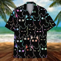 Men's Unisex Holographic Neon Outline Black Cat Print Hawaiian Shirt - Black Base, Short Sleeve Camp Collar, Soft Fabric, Relaxed Cut, Button Closure, Crew Neck, Flat Aloha Top for Pet Lovers' Summer Beach Holidays