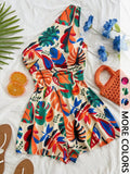 Women's Multicolor Tropical Print One-Shoulder Short Romper, Elastic Waist, Stylish Summer Beach Casual Wear