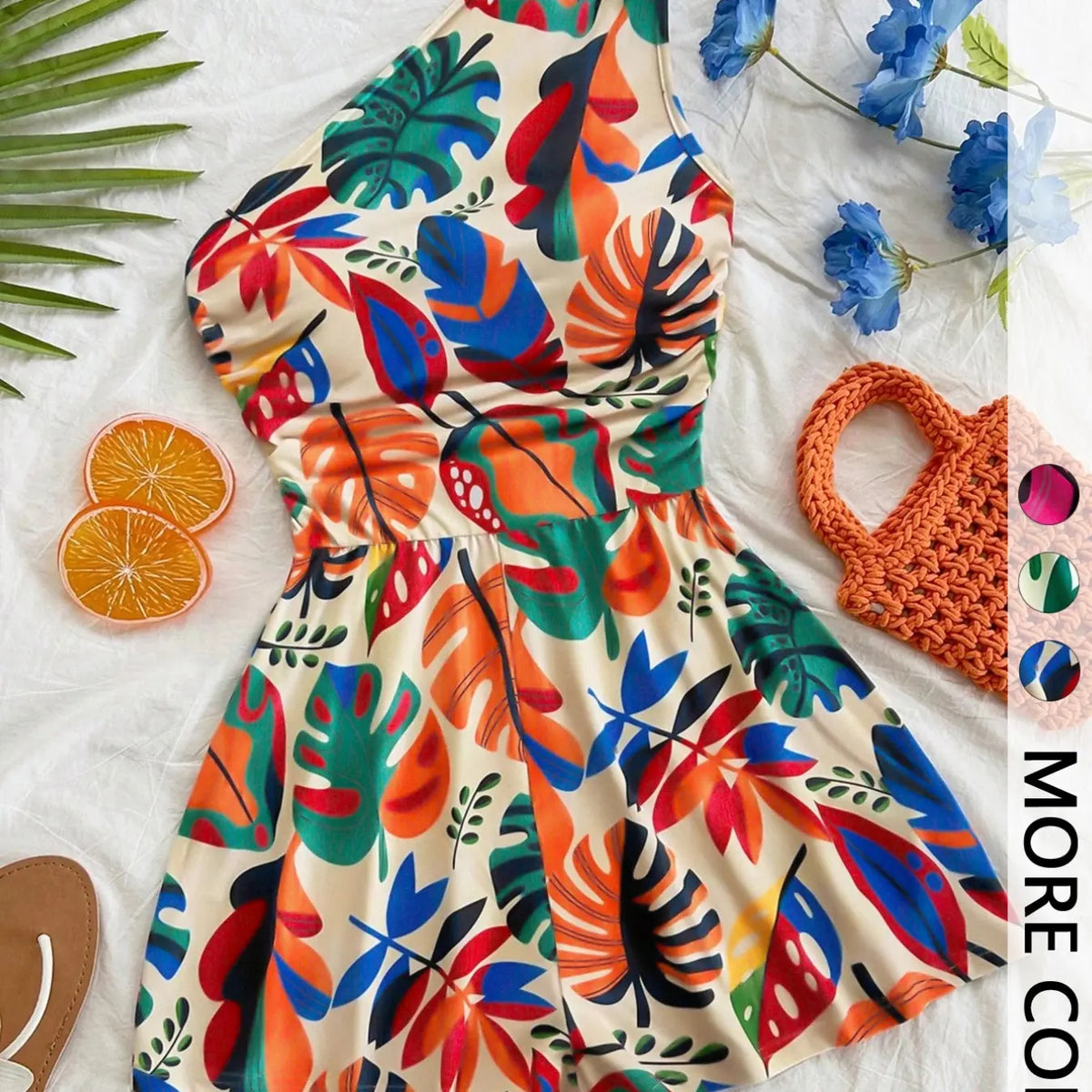 Women's Multicolor Tropical Print One-Shoulder Short Romper, Elastic Waist, Stylish Summer Beach Casual Wear