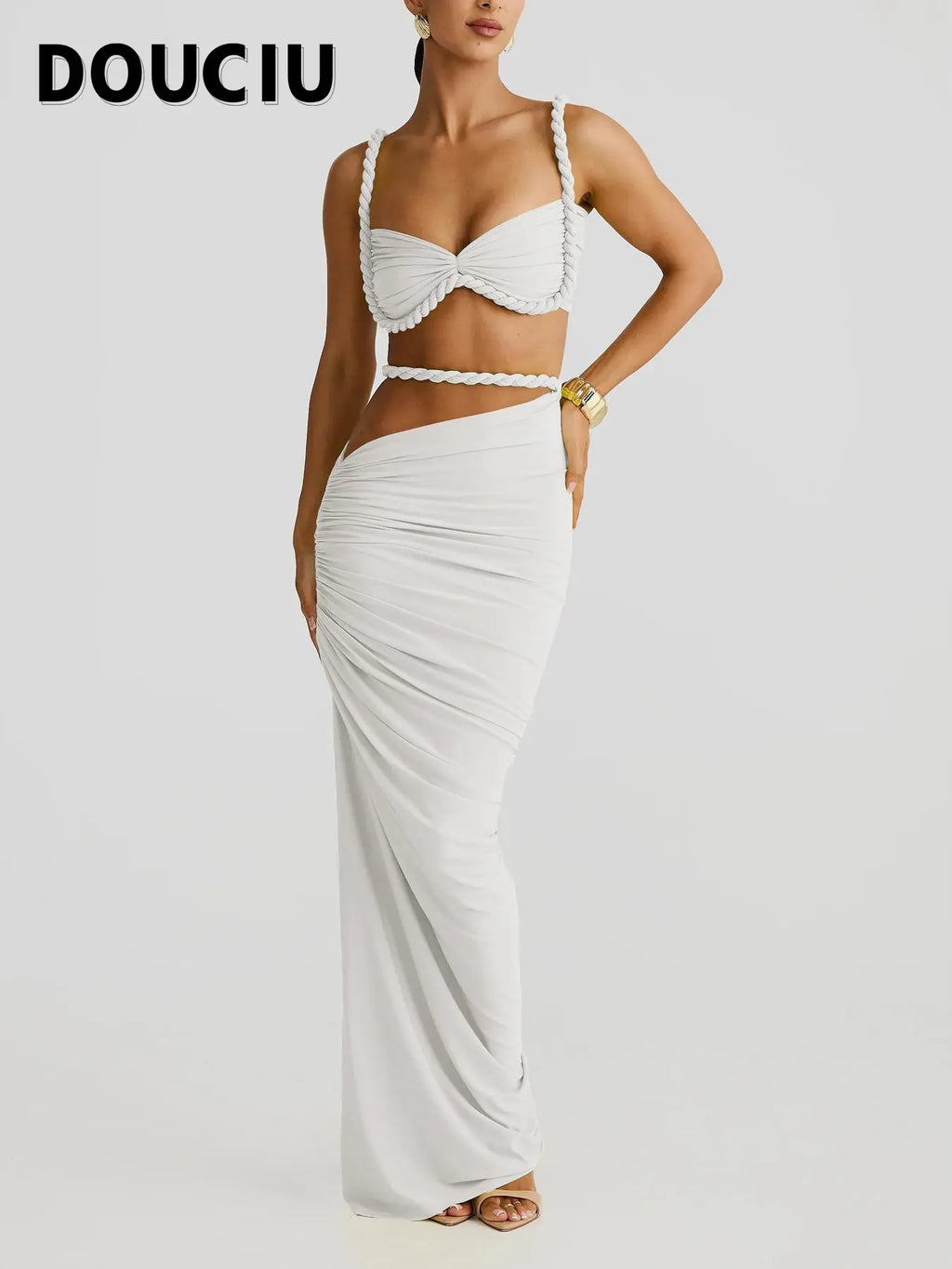 DOUCIU Multicolor Summer Beach Vacation Cool Light Sexy Hot Thin Women's Top Twisted Spaghetti Strap Vest Skirt Two-Piece Set