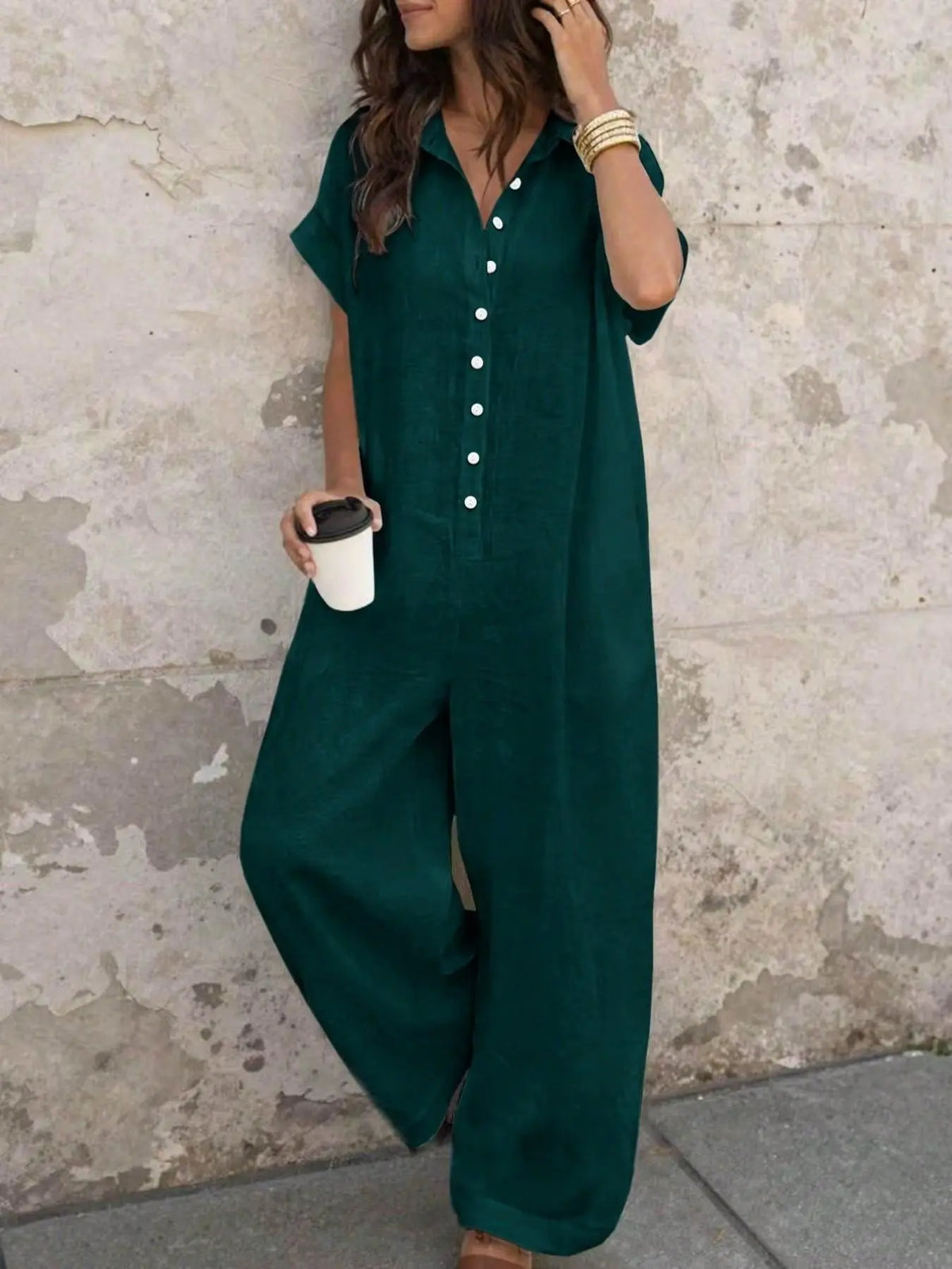 Women's Casual Minimalist Loose-Fitting Jumpsuit, Summer Short Sleeve Collared Print Jumpsuit, Wide Leg Long Pants with Button Closure