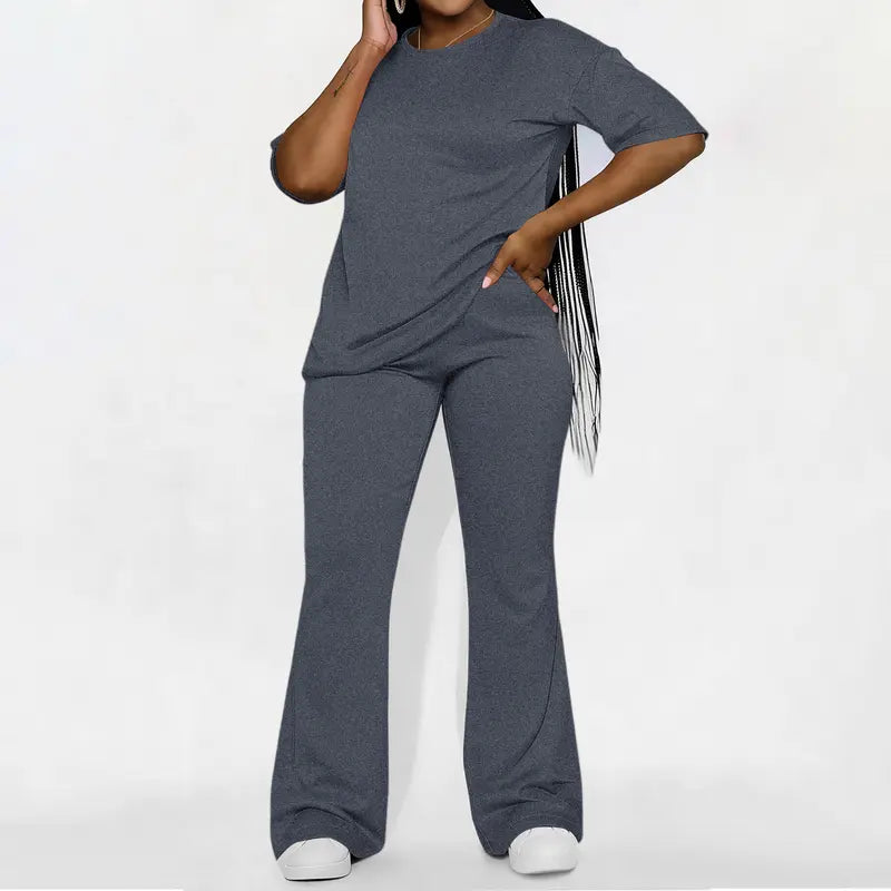 Women's Solid Drop Shoulder 2-Piece Set - Half Sleeve Crewneck (Round Neck) Fitted Minimalist Tee & Pants, Casual Cozy Womenswear for Daily Outdoor Fall Wear, Casual Women's Set Suits Basic Shortsleeve Clothes, Matching Sets, Stylish Women's Wear
