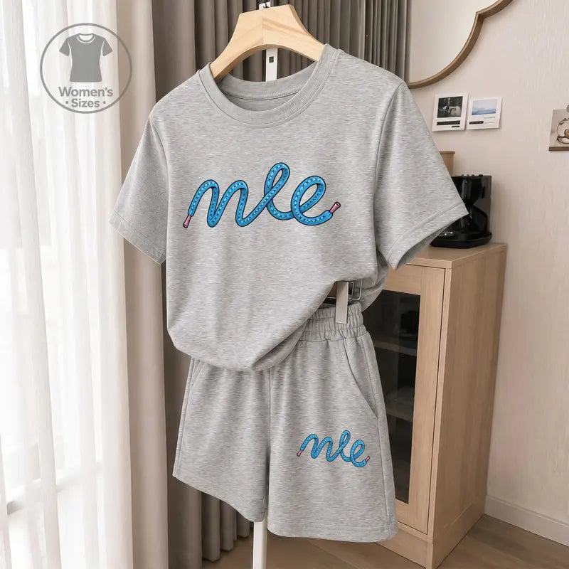 Women’s Minimalist 2-Piece Logo Graphic Print Shortsleeve Set - Breathable Loose Crew Neck Top, Elastic Waist Drawstring Shorts for Casual Summer Daily Wear, Vacation