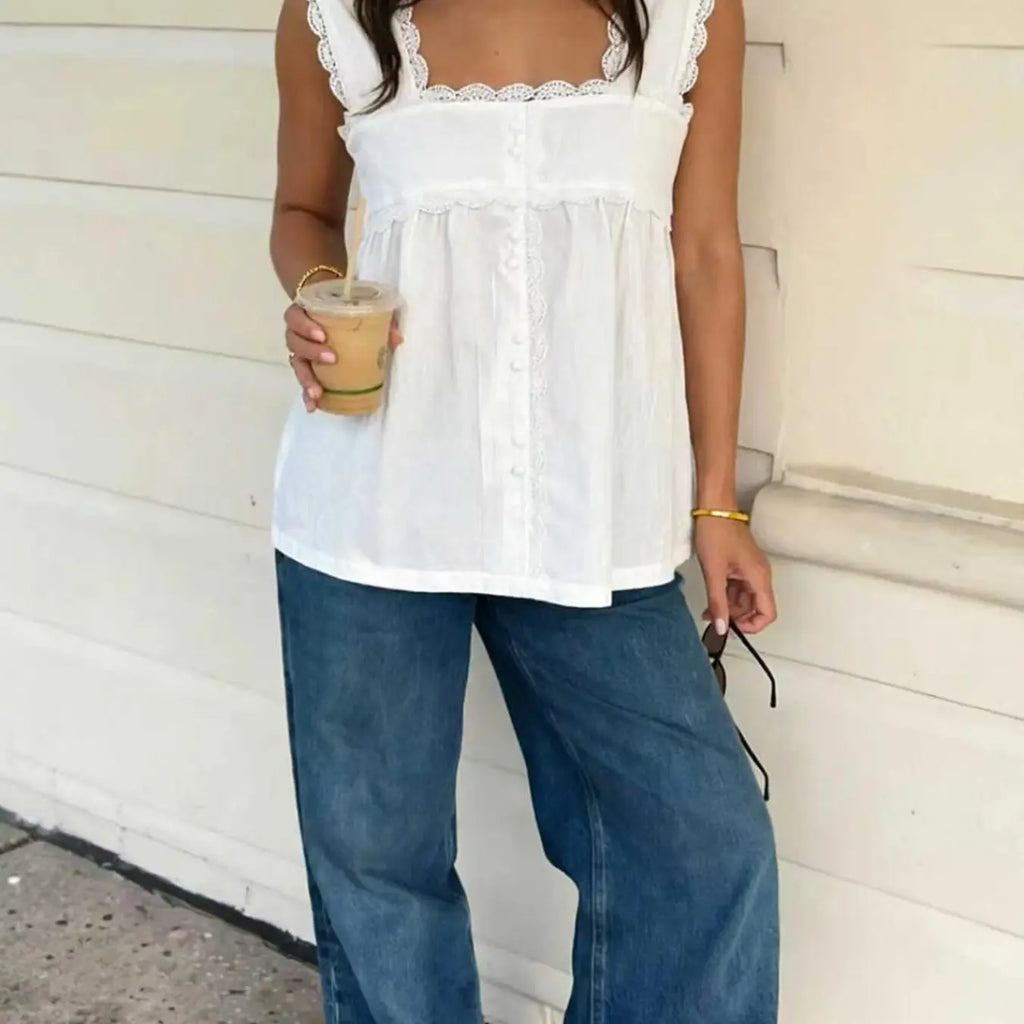 New French Style Casual Trendy Soft Square Neck Lace Sleeveless Shirt, High Waist A-Line Slimming Top, Elegant Women's Fashion Clothing