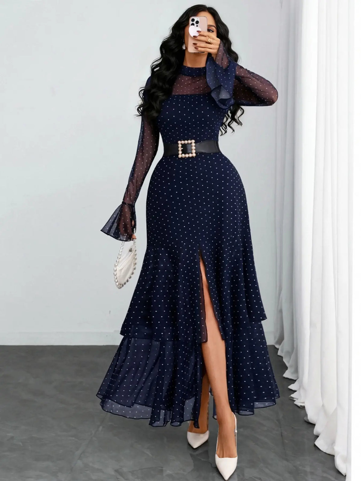 Women's Romantic Polka Dot Split Mesh Patchwork Layered Elegant Chic Formal Flared Skirt Dress, Long Sleeve, Fitted Style, Evening Formal Wear, All Seasons, No Waistband Included