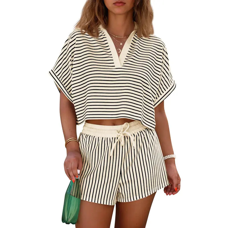 Cicy Bell Womens Striped 2 Piece Short Sets Summer Short Sleeve Collared V Neck Cropped Tops Vacation Casual Lounge Outfits