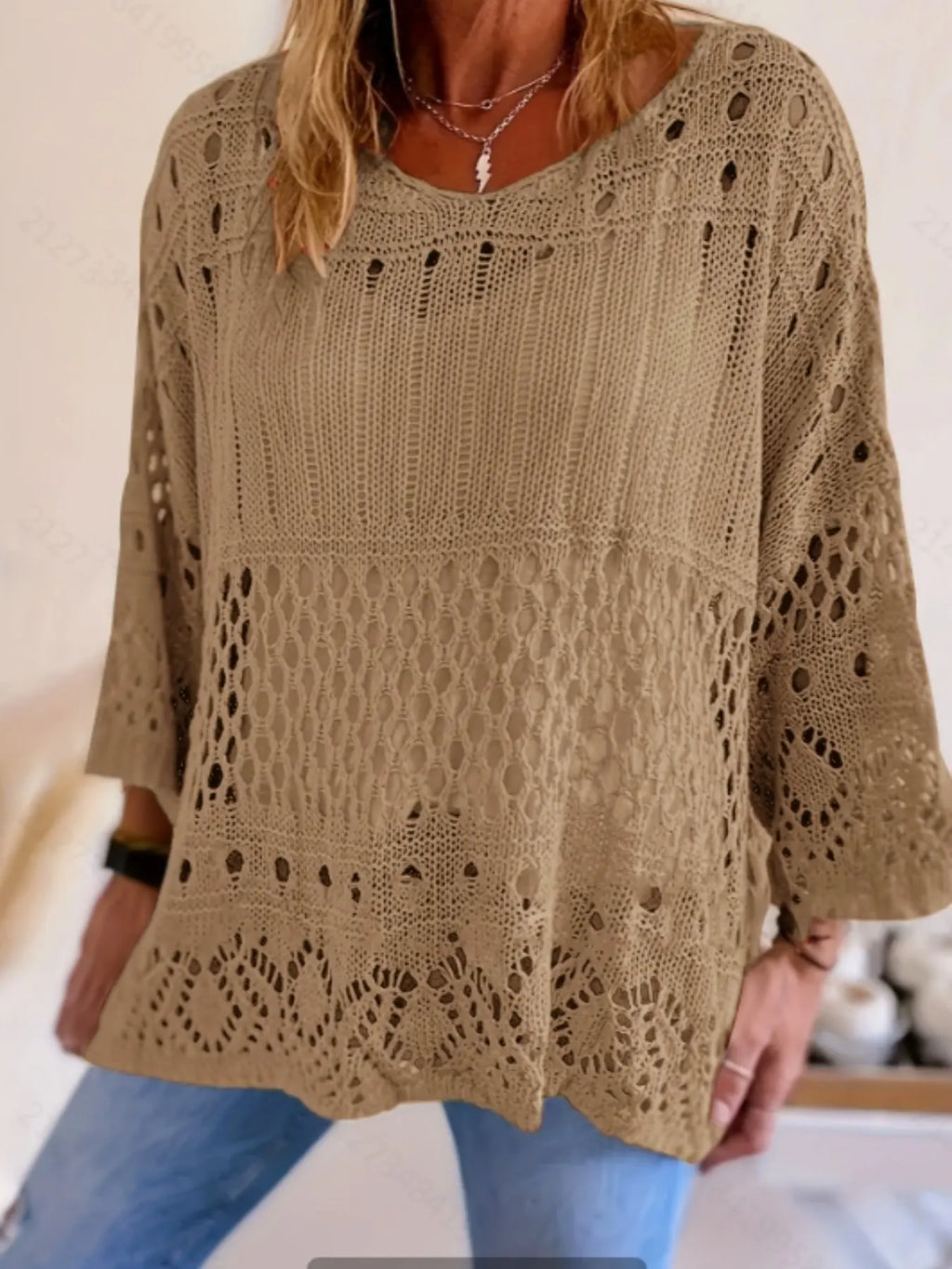 Plus Size Women's Summer Hollow Out Round Neck Knit Top, Oversized, Casual Elegant Vacation Style, Loose Oversize Batwing Shoulder, Spring Summer Wear, Sweater Knitwear