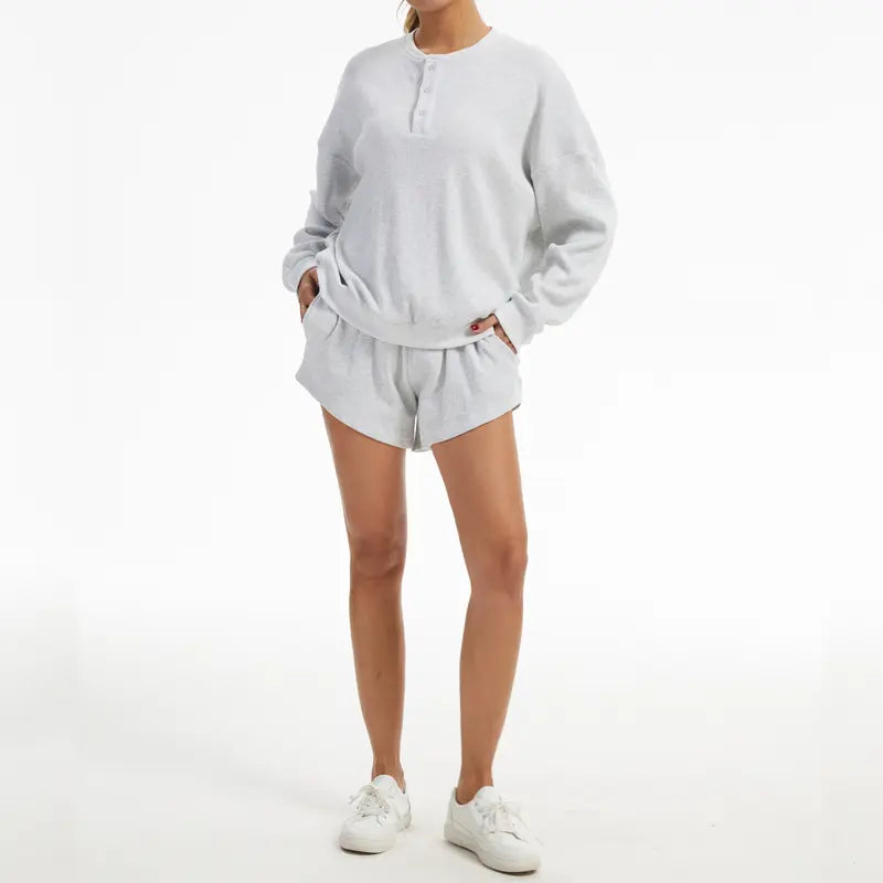 AnotherChill Women's Oversized Waffle Knit Lounge Set - Long Sleeve Henley Sweatshirt and High Waisted Shorts 2 Piece Casual Outfit Baggy Button #sohochic