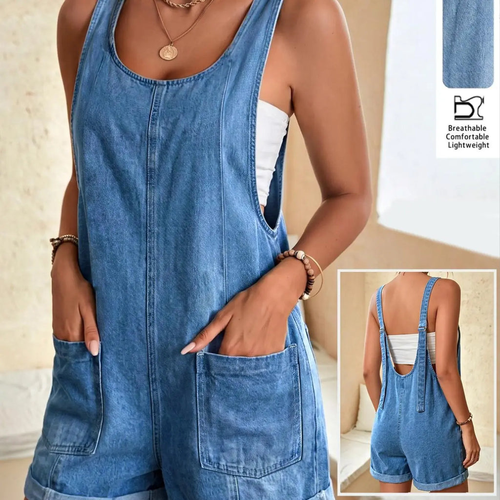 Washed Denim Light Wash Loose Fit High Waist Adjustable Straps Romper Jean Jumpsuit, Casual Everyday Wear Loose Overalls Jumpsuits