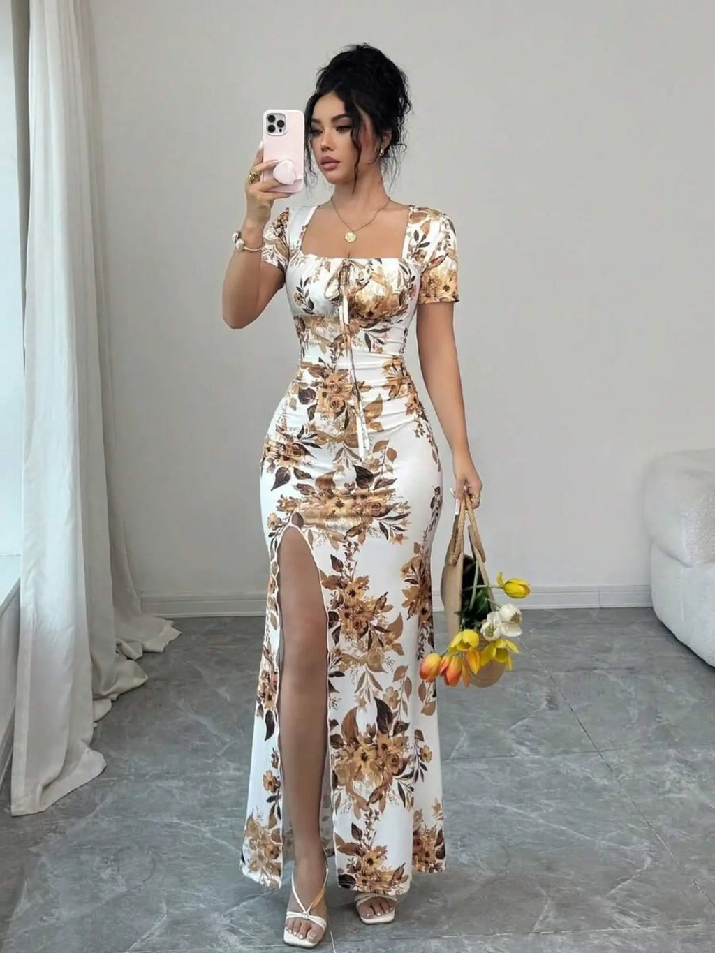 Women's Summer Split Hem Short Sleeve Long Formal Dress, Elegant Waist Cinch Dress for Vacation, Beach & Holiday, Floral Print Evening Gown, Dress Up Gown, Printed Dress