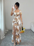 Women's Summer Split Hem Short Sleeve Long Formal Dress, Elegant Waist Cinch Dress for Vacation, Beach & Holiday, Floral Print Evening Gown, Dress Up Gown, Printed Dress