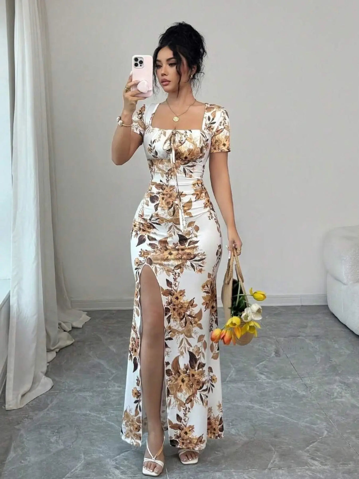Women's Summer Split Hem Short Sleeve Long Formal Dress, Elegant Waist Cinch Dress for Vacation, Beach & Holiday, Floral Print Evening Gown, Dress Up Gown, Printed Dress
