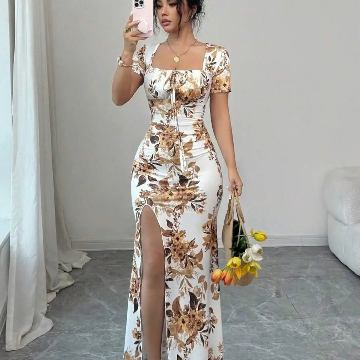Women's Summer Split Hem Short Sleeve Long Formal Dress, Elegant Waist Cinch Dress for Vacation, Beach & Holiday, Floral Print Evening Gown, Dress Up Gown, Printed Dress