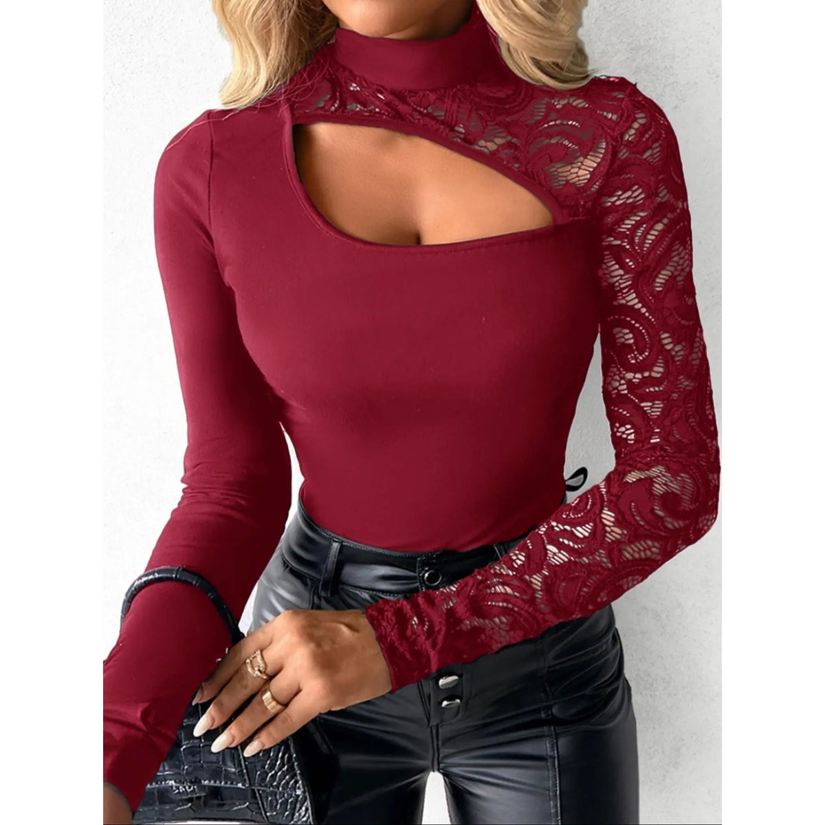 Women's Plain Cut Out Lace Patchwork Mock Neck Tee, Casual Chic Fit Long Sleeve Top for Daily Wear, Ladies Clothes for All Seasons, Casual Daily Tops