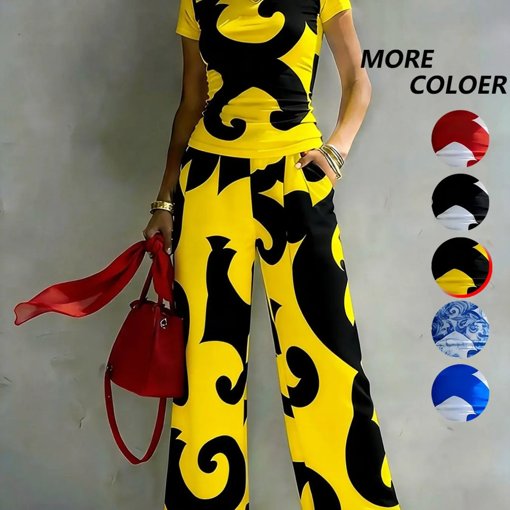 Women's Casual Two-Piece Set, Round Neck T-Shirt with Geometric Random Print, High-Waisted Pocket Wide Leg Pants, Urban Leisure, Matching, Casual Everyday Set
