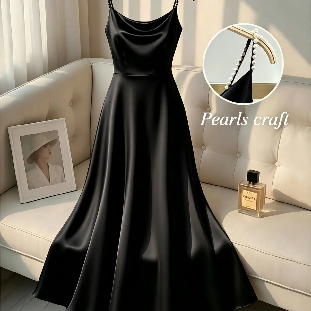 Elegant Satin Dress for Women, Handmade Beaded Strapless Formal Evening Gown, Waist Cinched Design, Pure Color Luxury Fashion