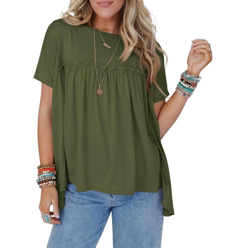 Imily Bela Womens Summer Babydoll Tunic Tops Pleated Short Sleeve Crew Neck Peplum T Shirts Casual Loose Fit Outfits Womenswear Blouse church outfit Breathable Chic