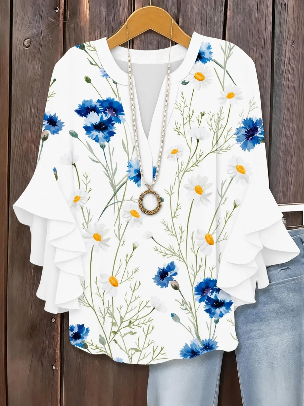 Plus Size Floral Print Flounce Sleeve Ruffles Blouse, Casual Loose-Fit Notched-Neck Top, Summer Wear, Trendy Bohemian Shirts, Comfortable Relaxed-Fit Blouse, Stylish Elegant Top for Parties, Boho Fashion Top
