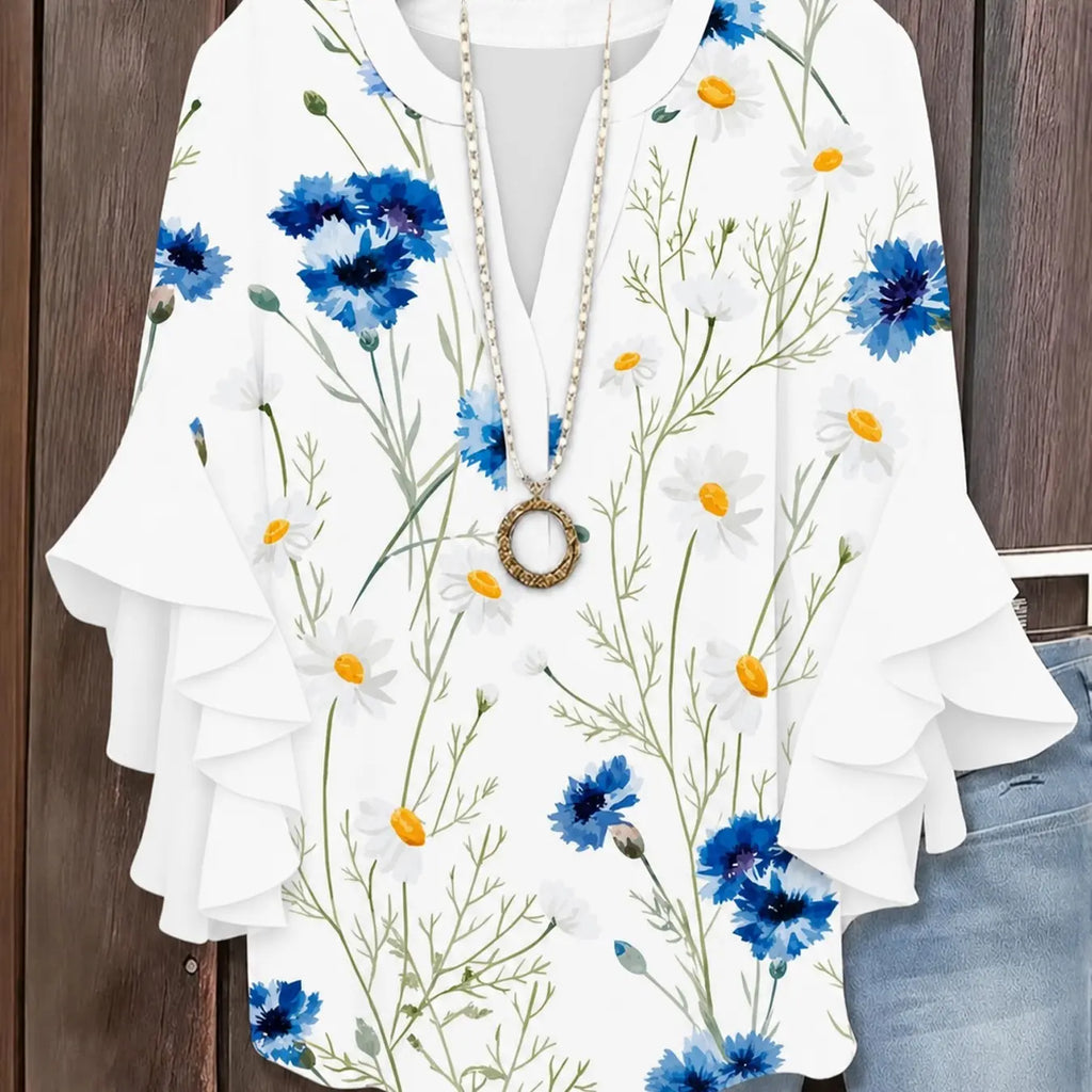 Plus Size Floral Print Flounce Sleeve Ruffles Blouse, Casual Loose-Fit Notched-Neck Top, Summer Wear, Trendy Bohemian Shirts, Comfortable Relaxed-Fit Blouse, Stylish Elegant Top for Parties, Boho Fashion Top