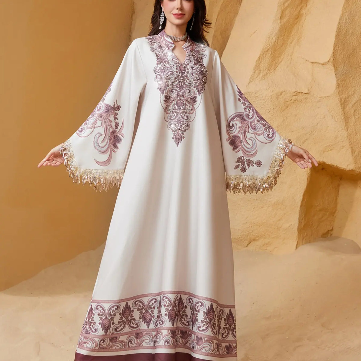 Women's Elegant Long Dress, Chic Elegant Formal, Loose Fit Ethnic Print, Long Sleeve, Lace-Up Design, All-Season Wear, Perfect for Evening Occasions & Special Events, Dresses for Party