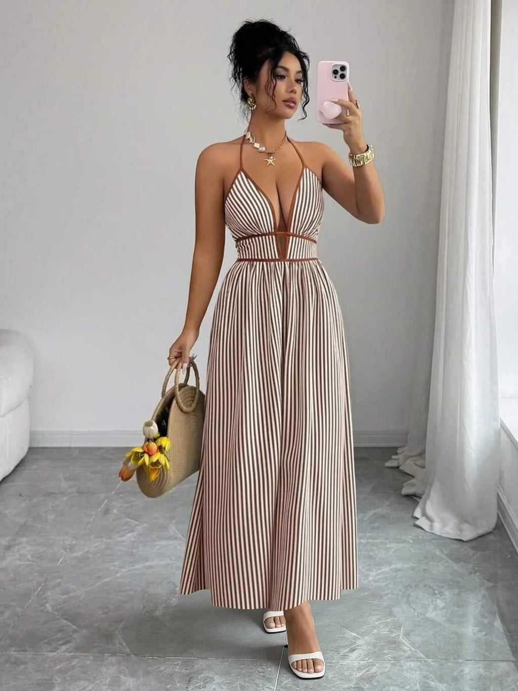 Women's Striped Deep V Neck Backless Sleeveless Maxi Dress, Striped Pattern Dress, Date Night Dresses, Womenswear, Sexy Vacation Chic Style, Elegant Summer Fashion, Perfect for Parties and Casual Wear