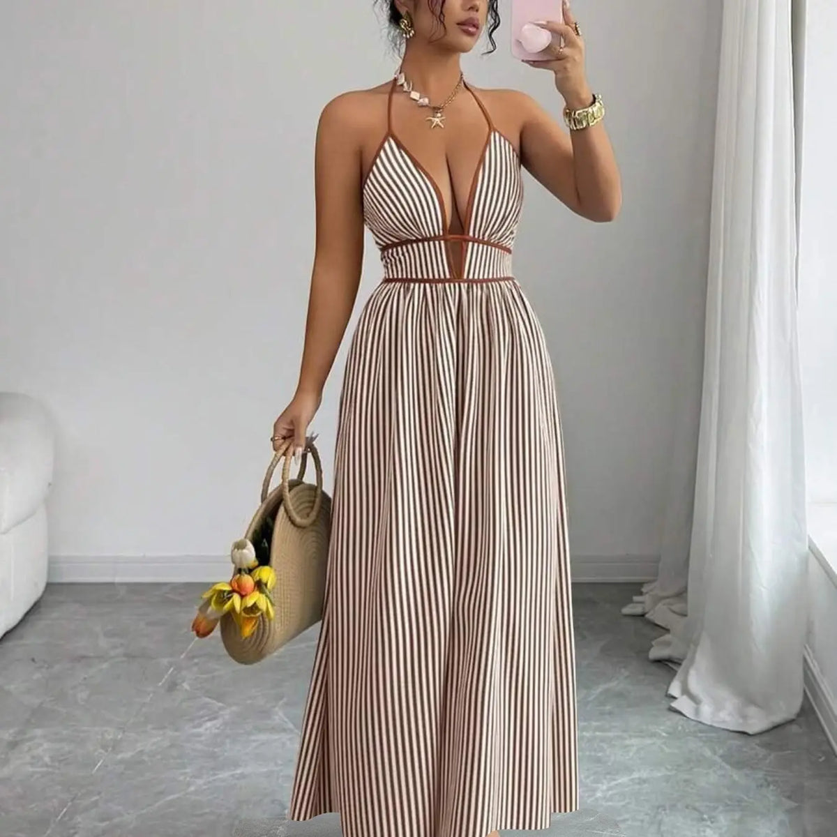 Women's Striped Deep V Neck Backless Sleeveless Maxi Dress, Striped Pattern Dress, Date Night Dresses, Womenswear, Sexy Vacation Chic Style, Elegant Summer Fashion, Perfect for Parties and Casual Wear