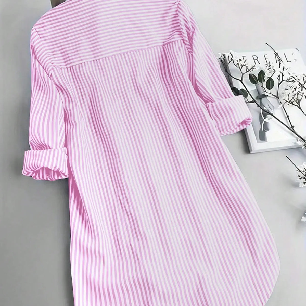 Spring & Summer Women's Striped Long Sleeve Shirt, Casual Versatile Commute Medium-Length Blouse with Buttons, Fashionable Daily Wear Top, Button Front Top