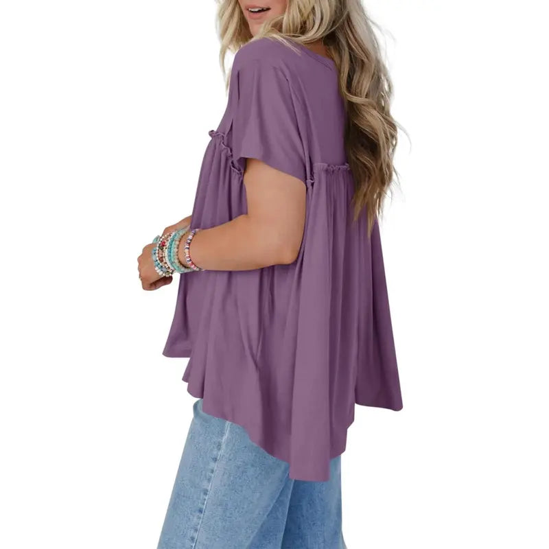 Imily Bela Womens Summer Babydoll Tunic Tops Pleated Short Sleeve Crew Neck Peplum T Shirts Casual Loose Fit Outfits Womenswear Blouse church outfit Breathable Chic