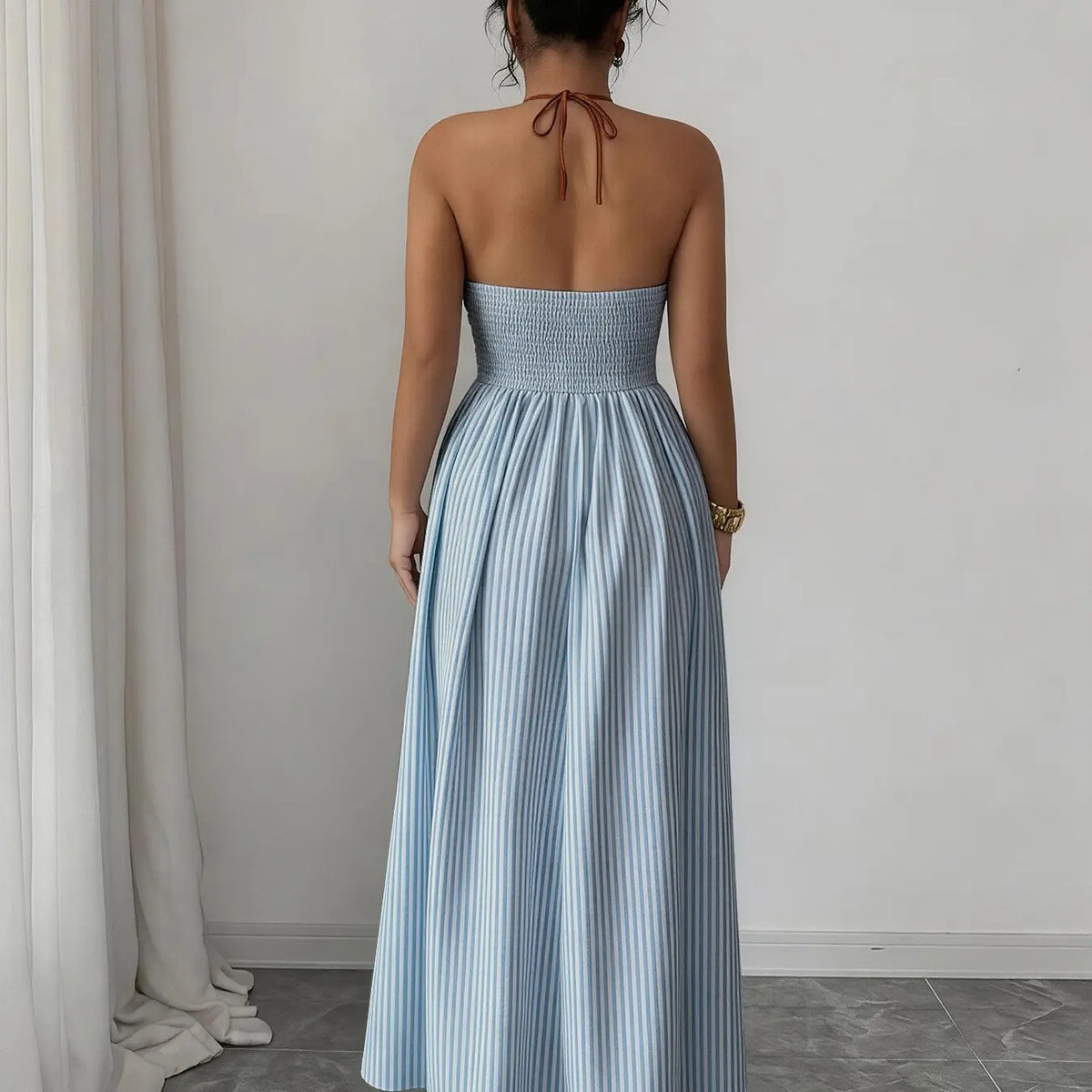 Women's Striped Deep V Neck Backless Sleeveless Maxi Dress, Striped Pattern Dress, Date Night Dresses, Womenswear, Sexy Vacation Chic Style, Elegant Summer Fashion, Perfect for Parties and Casual Wear