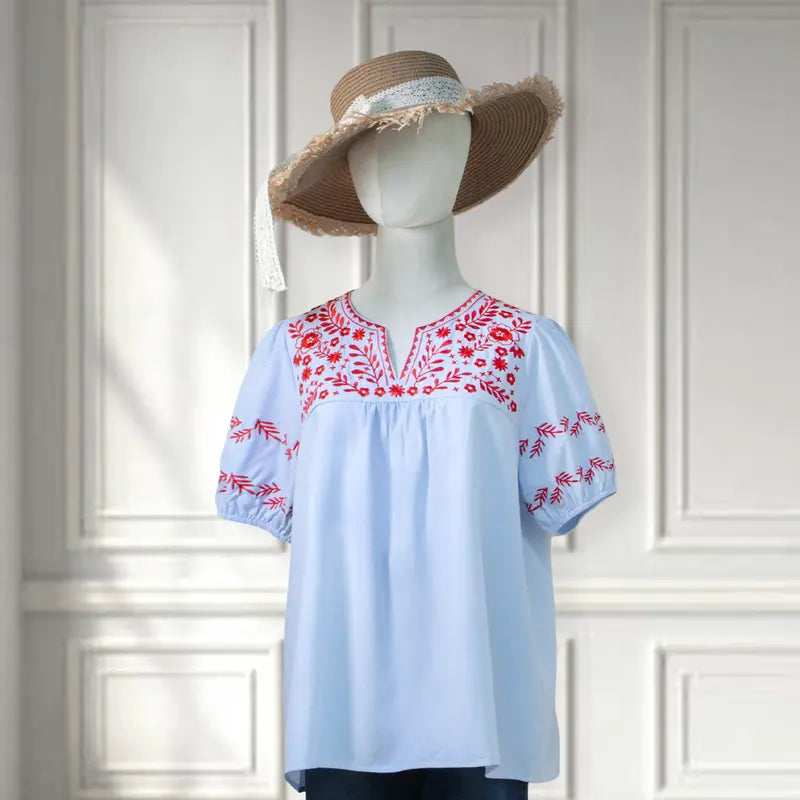 Women's SageVell Trending Boho Striped Blue-Khaki Blouse - Lady's Chic V-Neck Puff Sleeve Top with Delicate Red Floral Embroidery, Soft Fabric, Boho Clothes (Medium)
