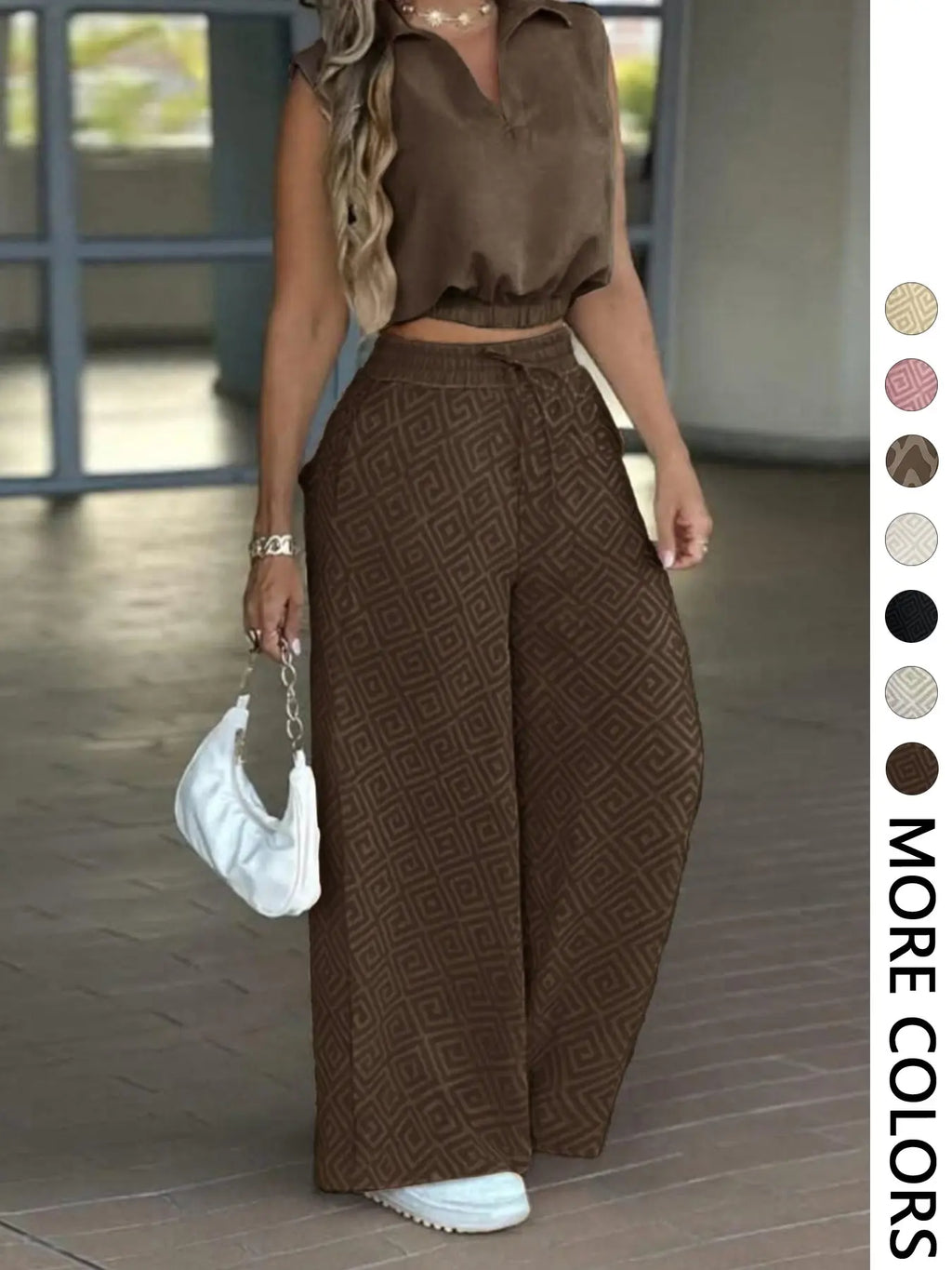 2-Piece Women's Casual Commuter Clothes Set, Two Pieces Outfits, Sleeveless Collared Waist-Defined Top with High-Waisted Adjustable Drawstring Wide-Leg Pants