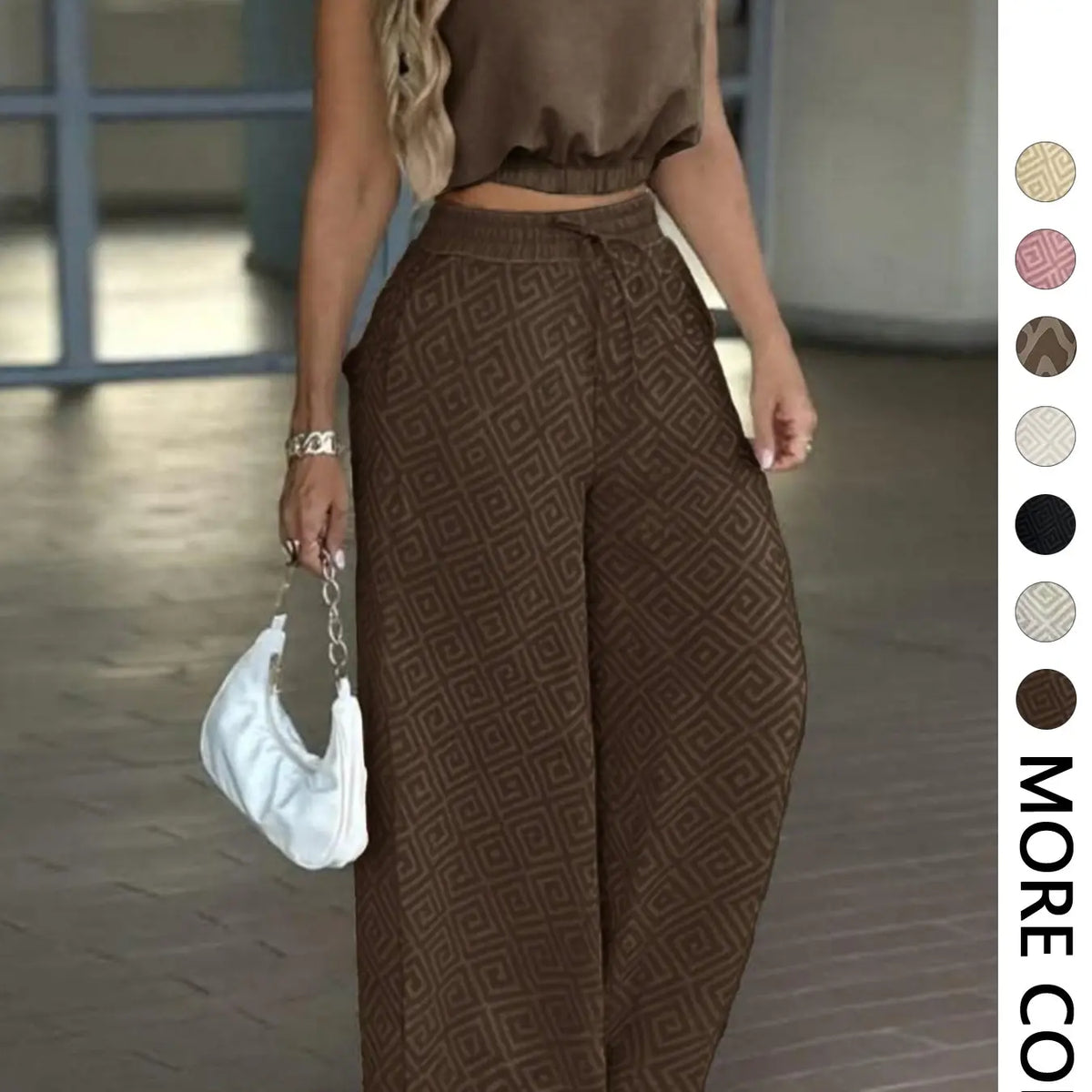 2-Piece Women's Casual Commuter Clothes Set, Two Pieces Outfits, Sleeveless Collared Waist-Defined Top with High-Waisted Adjustable Drawstring Wide-Leg Pants