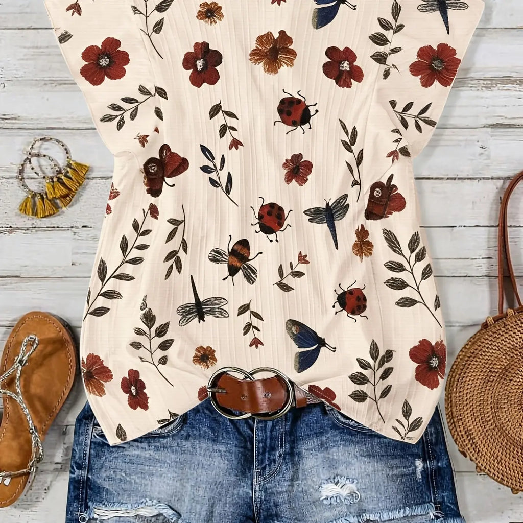 Plus Size Women's Floral Print Short-Sleeve V-Neck Button Blouse, Loose Fit Y2K Summer Bohemian Top with Nature-Inspired Pattern Detail, Comfortable Stylish Shirt for Daily and Party Wear