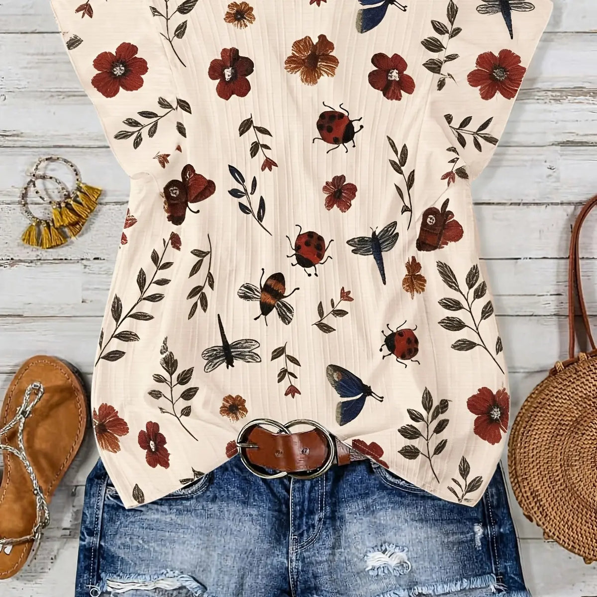 Plus Size Women's Floral Print Short-Sleeve V-Neck Button Blouse, Loose Fit Y2K Summer Bohemian Top with Nature-Inspired Pattern Detail, Comfortable Stylish Shirt for Daily and Party Wear