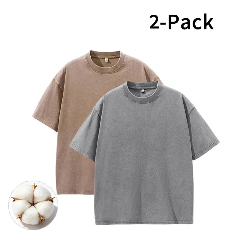 Men's Vintage Washed Cotton Streetwear T-Shirts, 2/4-Pack Oversized Plain Round Neck Bundle Short-Sleeve Tops with Cotton Build for Daily Rotation, Men's T Shirts