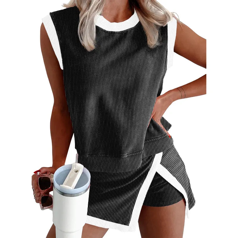 EVALESS Women's 2-Piece Sets Casual Crewneck Ribbed Sleeveless Knit Top & Split Lined Skirt Two Pieces Soft Matching Set Basic Summer Outfits 2026 WOmenswear SummerVibes  Deals For You Days summer outfits High Waisted Style Clothes Elastic Athletic Suits