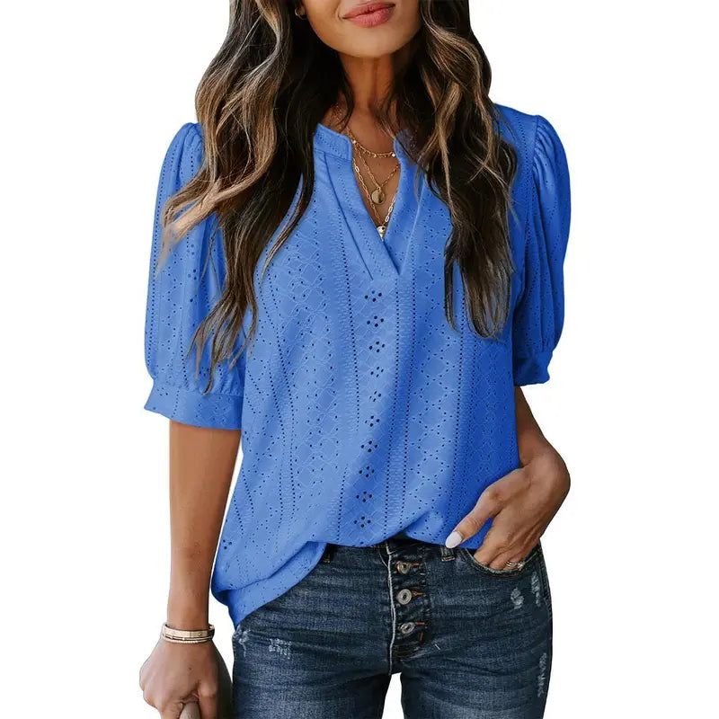 Dokotoo Women's Summer Business Casual Blouses V Neck Short Sleeve Shirts Hollow Out Cute Lace Tops Loose Fit Breathable Fabric