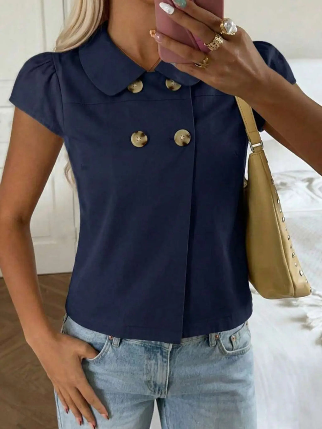 Simple Solid Color Peter Pan Collar Button Front Top, Women's Double Button Short Sleeve Short Dress Shirt, Blouse, Elegance Versatile Casual Office Wear, Easy to Match