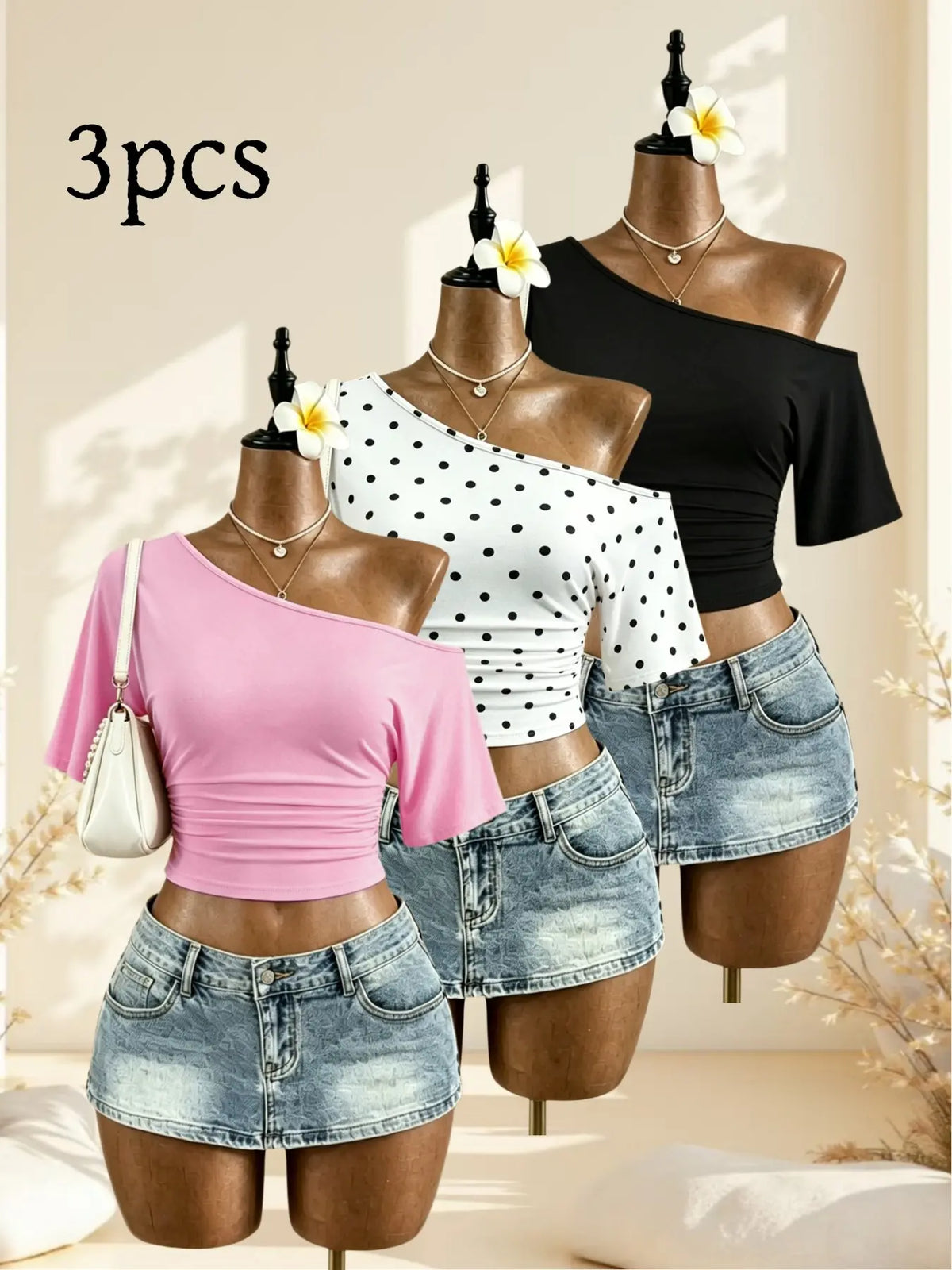 American Vintage Summer Asymmetrical Shoulder Pleated Short Sleeve Top, Polka Dot Solid Color Waist Cinch Slim Fit T-Shirt Set of Three
