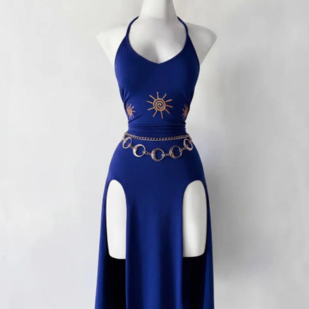 Vintage Gothic Halter Tie Dress, Slimming Split Midi Dress, Dark Theme Party Gown, Unique Retro Style, Perfect for Ceremonies, Elegant Party Dresses