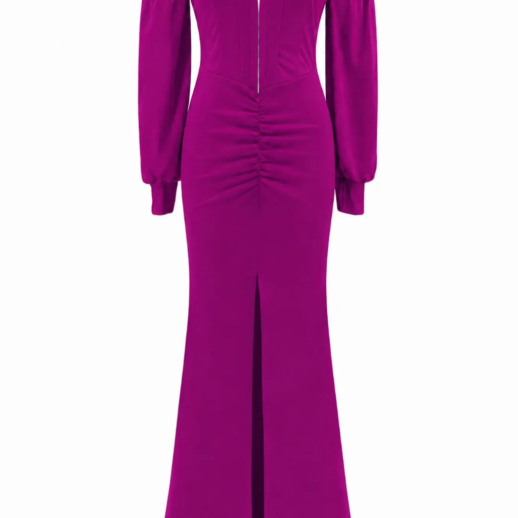 Women's Elegant, Off Shoulder Puff Long Sleeve Sweetheart Neck Corset Bodycon Maxi Dress, Front Zip Ruched Mermaid Hem Slit Formal Evening Wear Dress for Prom, Wedding Guest & Gala, Women's Spring Fall Fashion