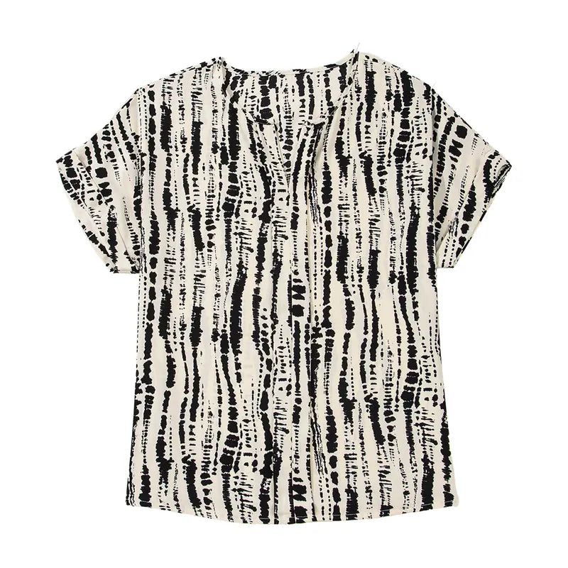 Shewin Women's Summer Abstract Graphic Woven Top, Split Notch V-Neck, Rolled Cuff Short Sleeve, Loose Fit Casual Pullover Blouse
