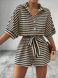 Women's Striped Soft and Breathable Casual Loose-Fit Belted Romper for Summer, Beach and Daily Wear, Womenswear