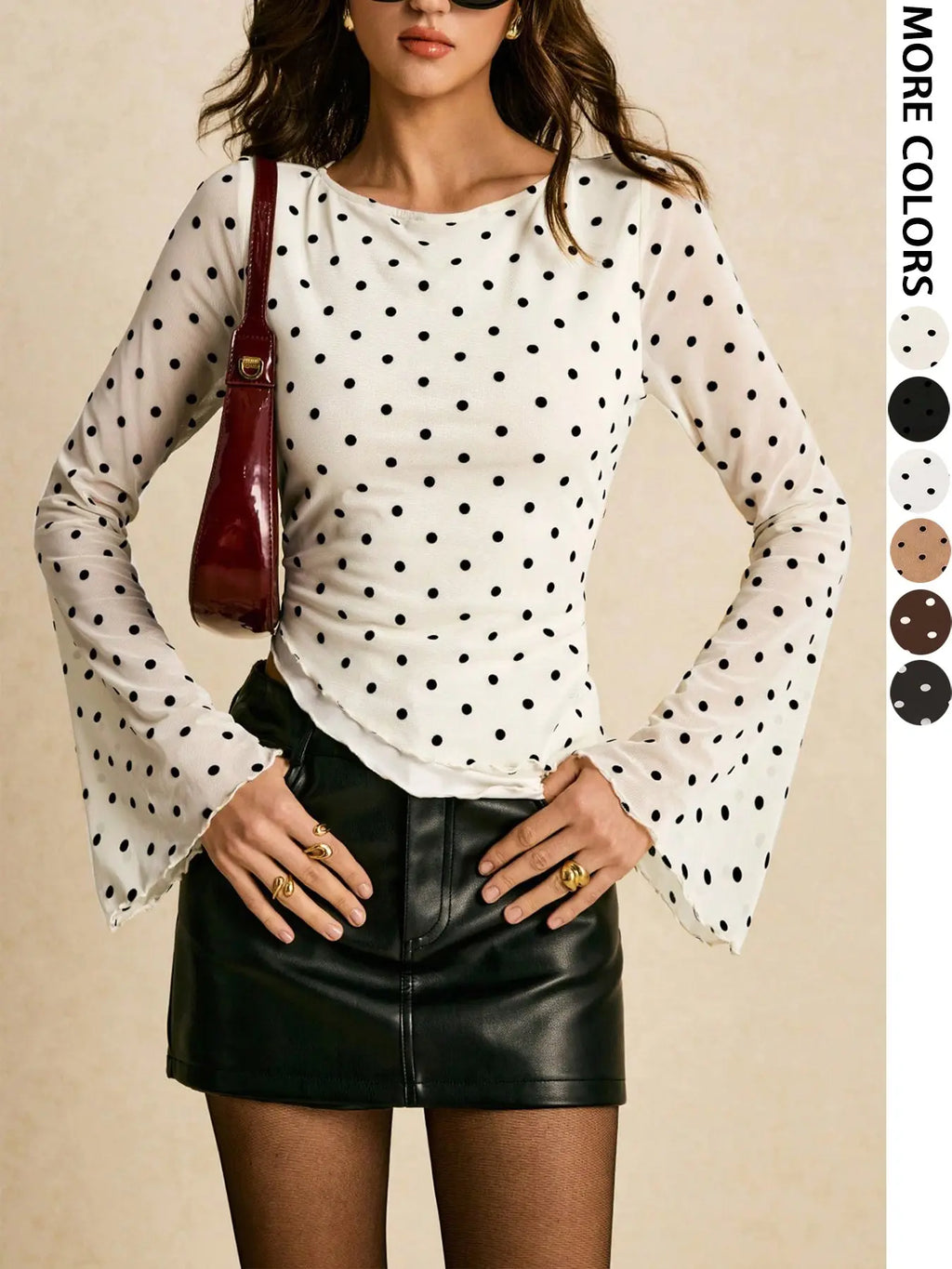 Elegant Women's Commuter Blouse with Eyelet Details, Asymmetric Hemline Design, Long Sleeve Casual Top for Stylish Office Wear, Chic Womenswear, Fashionable Blouse, Dot, Casual Blouse Shirts